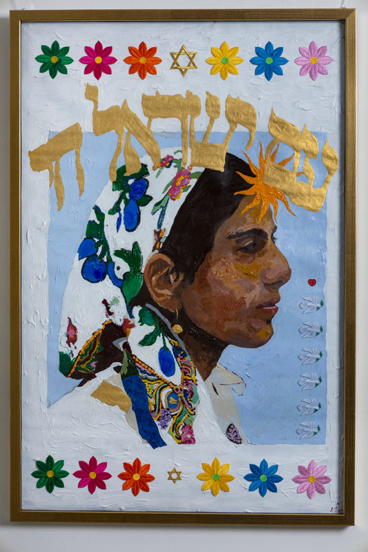 "My Mother is Immortal, So Too Am I", 24x36, 2025, Acrylic, Pastel, India Ink, Paper, Embroidery on Paper - Original Painting